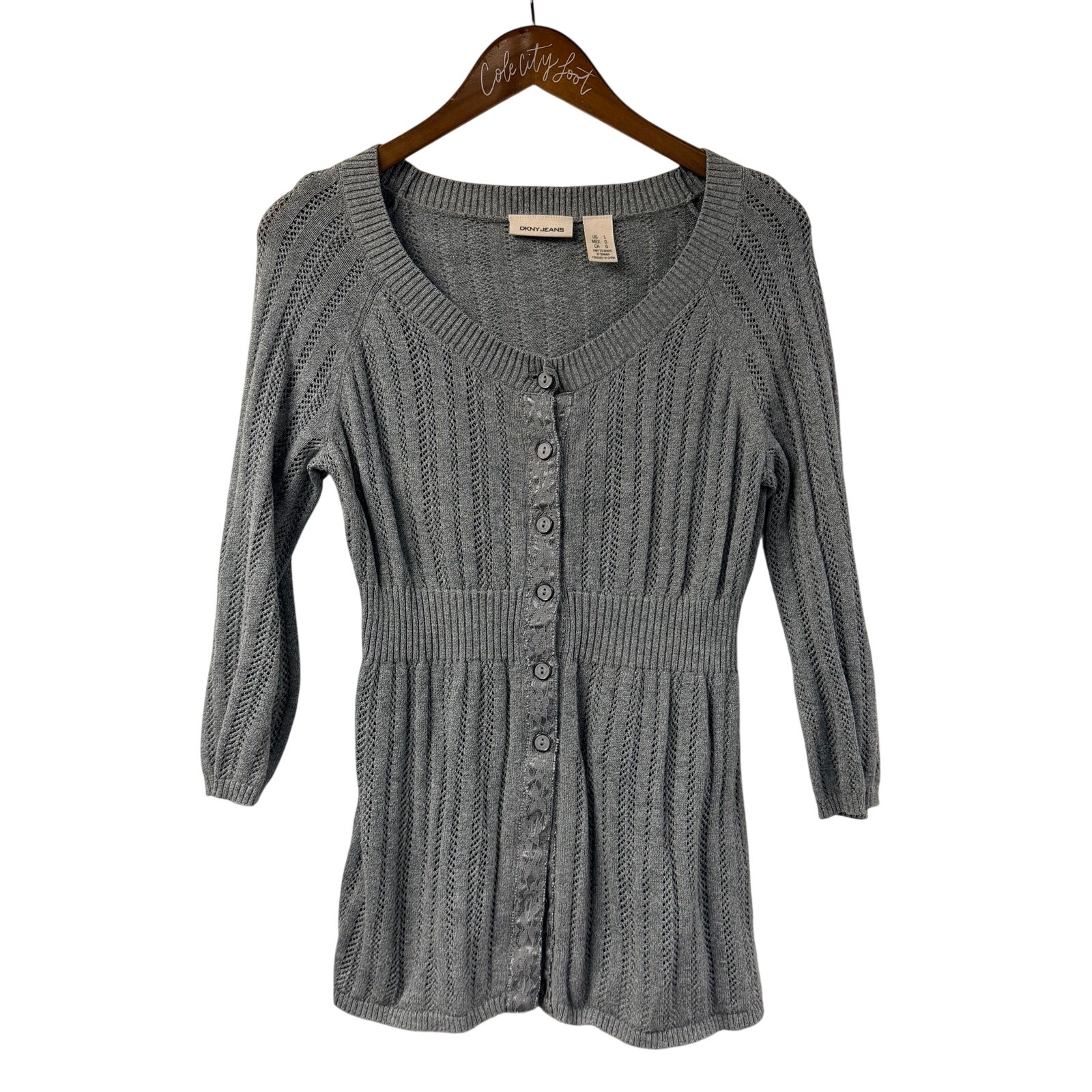 Dkny Jeans Pointelle Babydoll Cardigan Sweater Gray Large Vtg
